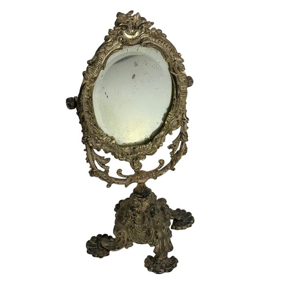 Antique Decorative French-Style Ornate Bronze Vanity Mirror Tilting Stand - Picture 2 of 9